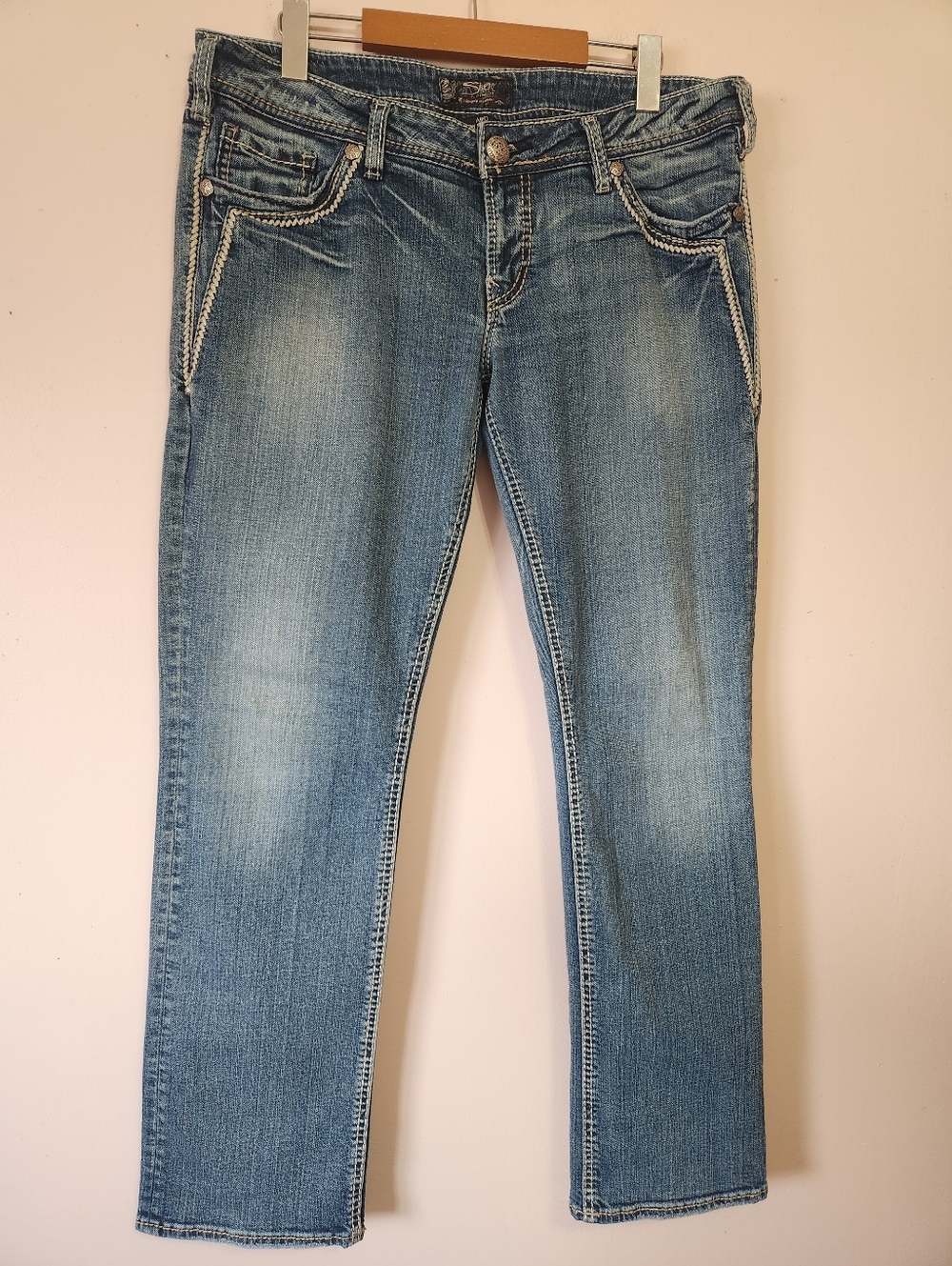Silver Jeans Co Aiko Low Rise Straight Leg Y2K Whipstitch Denim Jeans W33 L32